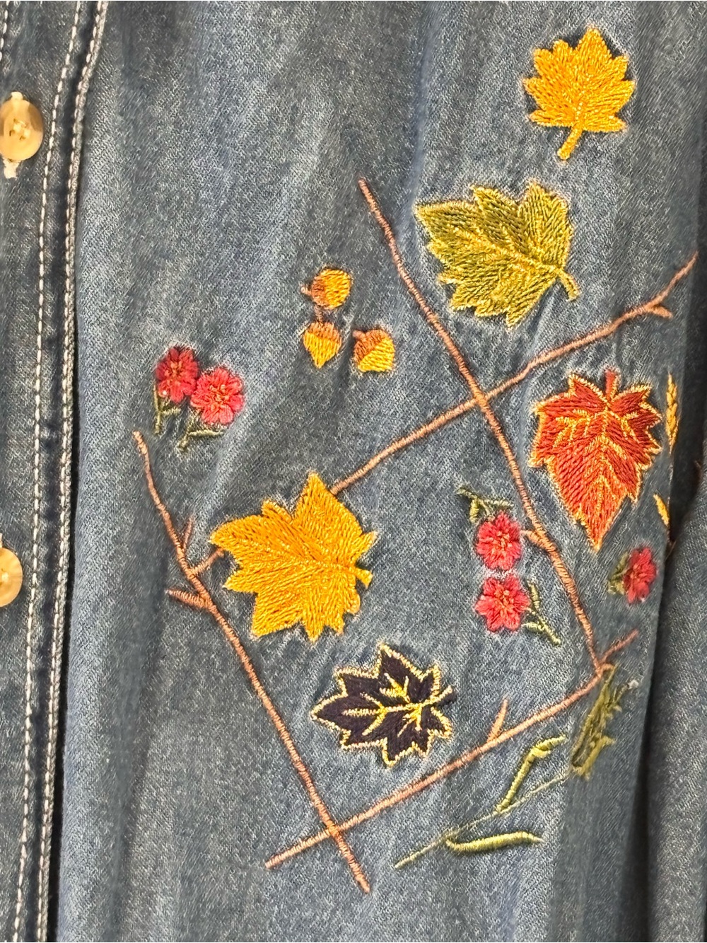 Bobbie Brooks Vintage Fall Leaves Denim Shirt - Picture 2 of 5
